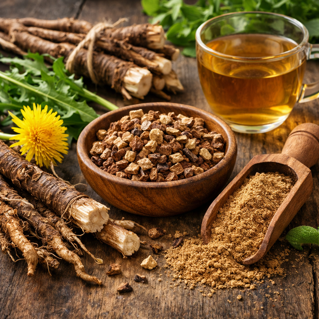 Dandelion root and flower symbolizing resilience and traditional botanical use