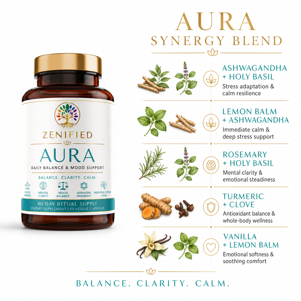 Official Zenified Aura ingredient synergy image with ashwagandha, holy basil and lemon balm