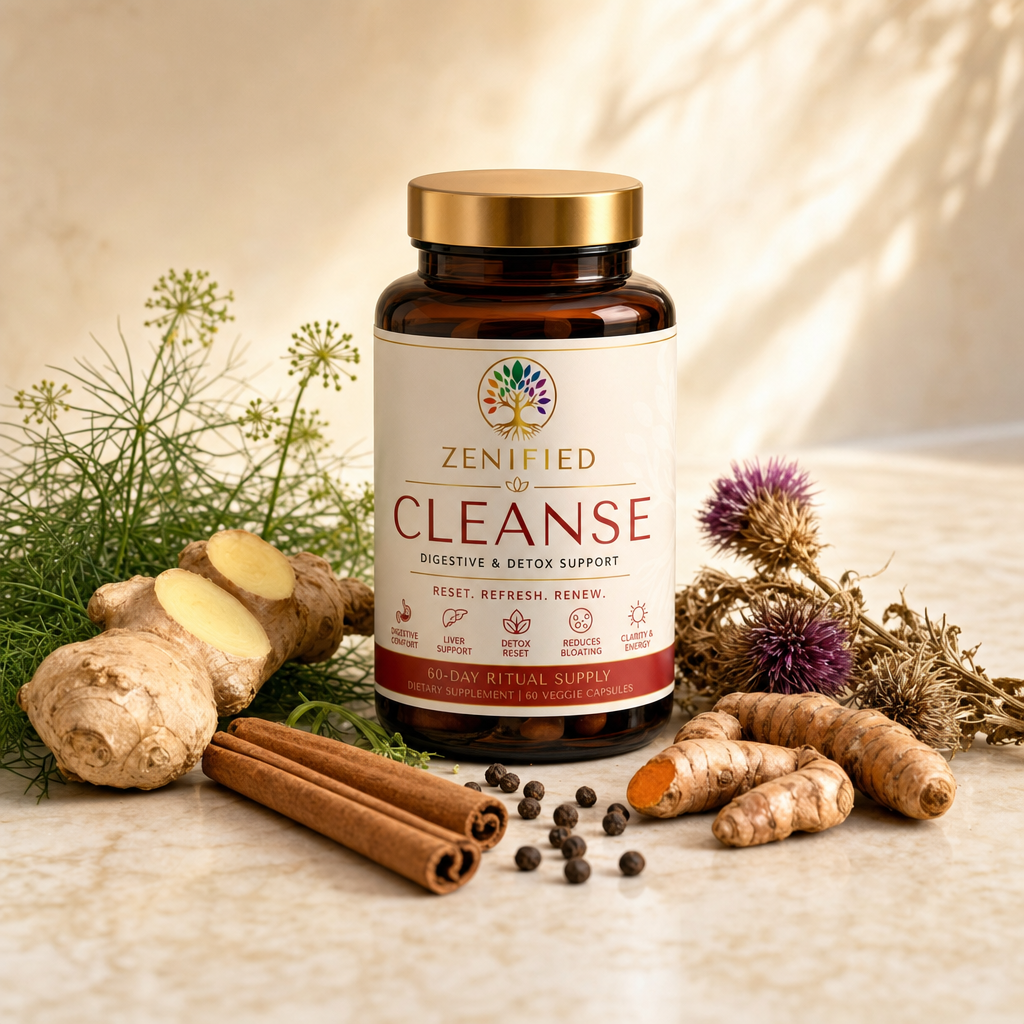 Official Zenified Cleanse bottle with turmeric and warming botanicals for a turmeric and black pepper article