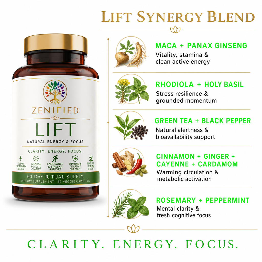 Official Zenified Lift ingredient synergy image with maca, rhodiola and Korean ginseng