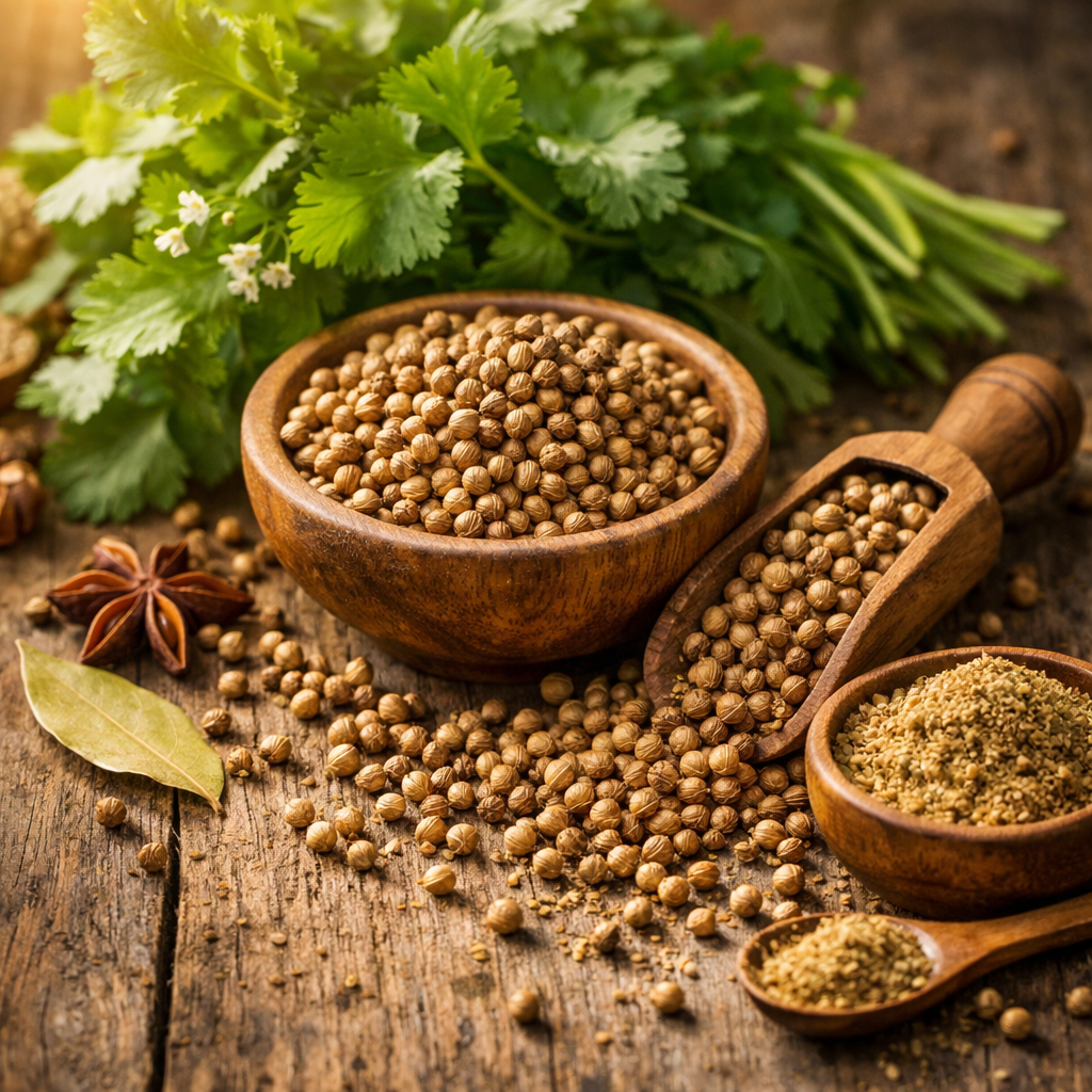 Coriander seeds used in ancient culinary and botanical traditions