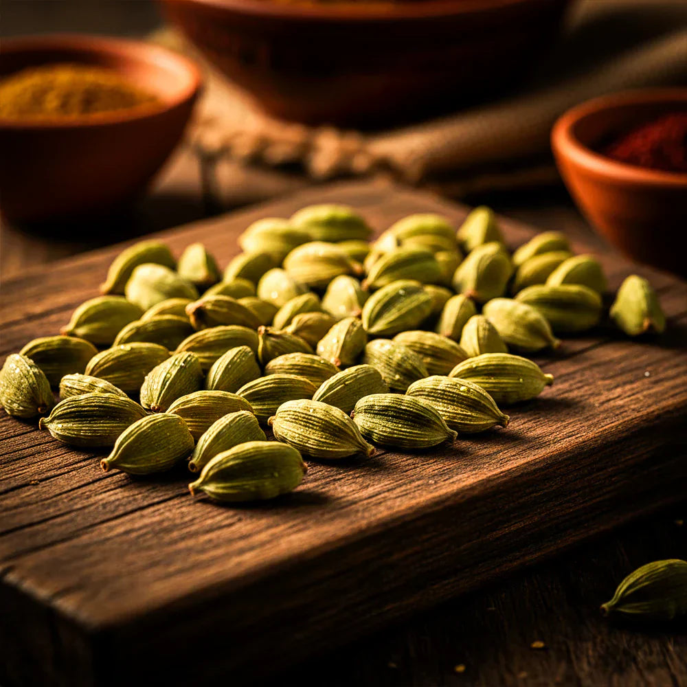 Green cardamom pods associated with hospitality and aromatic spice traditions