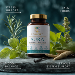 Aura calm, clarity and balance benefits infographic