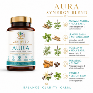Aura ingredients with ashwagandha, holy basil and lemon balm