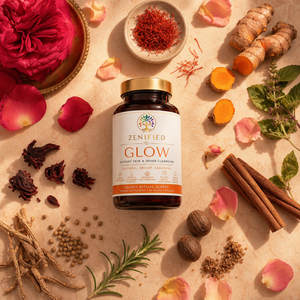 Glow botanical flatlay with hibiscus and saffron