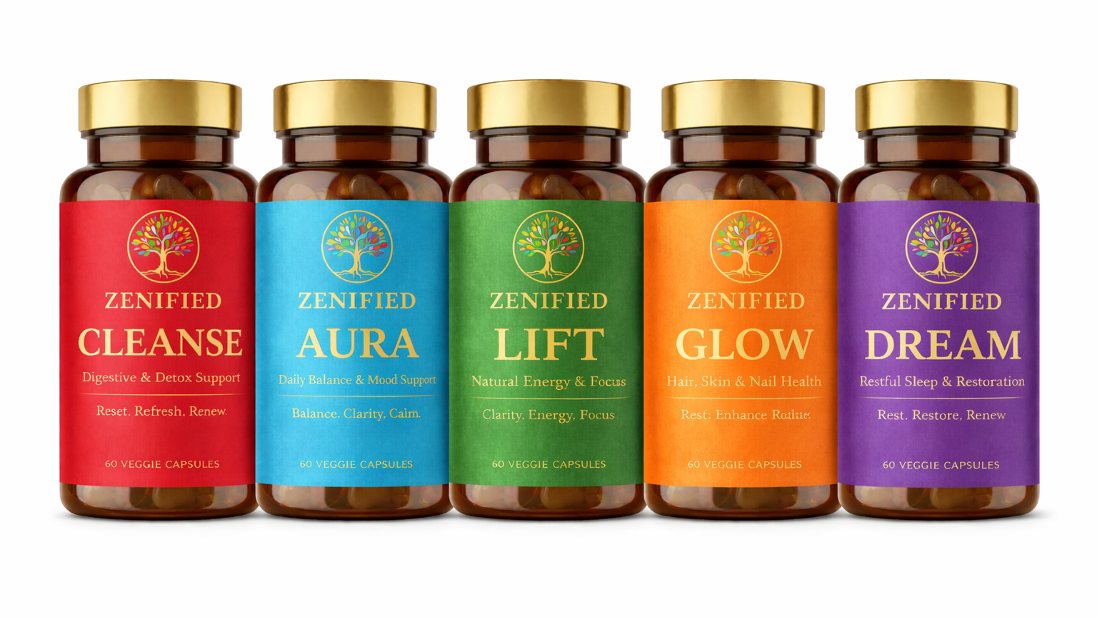 Zenified 5-blend daily wellness system, complete plant-based supplement bundle